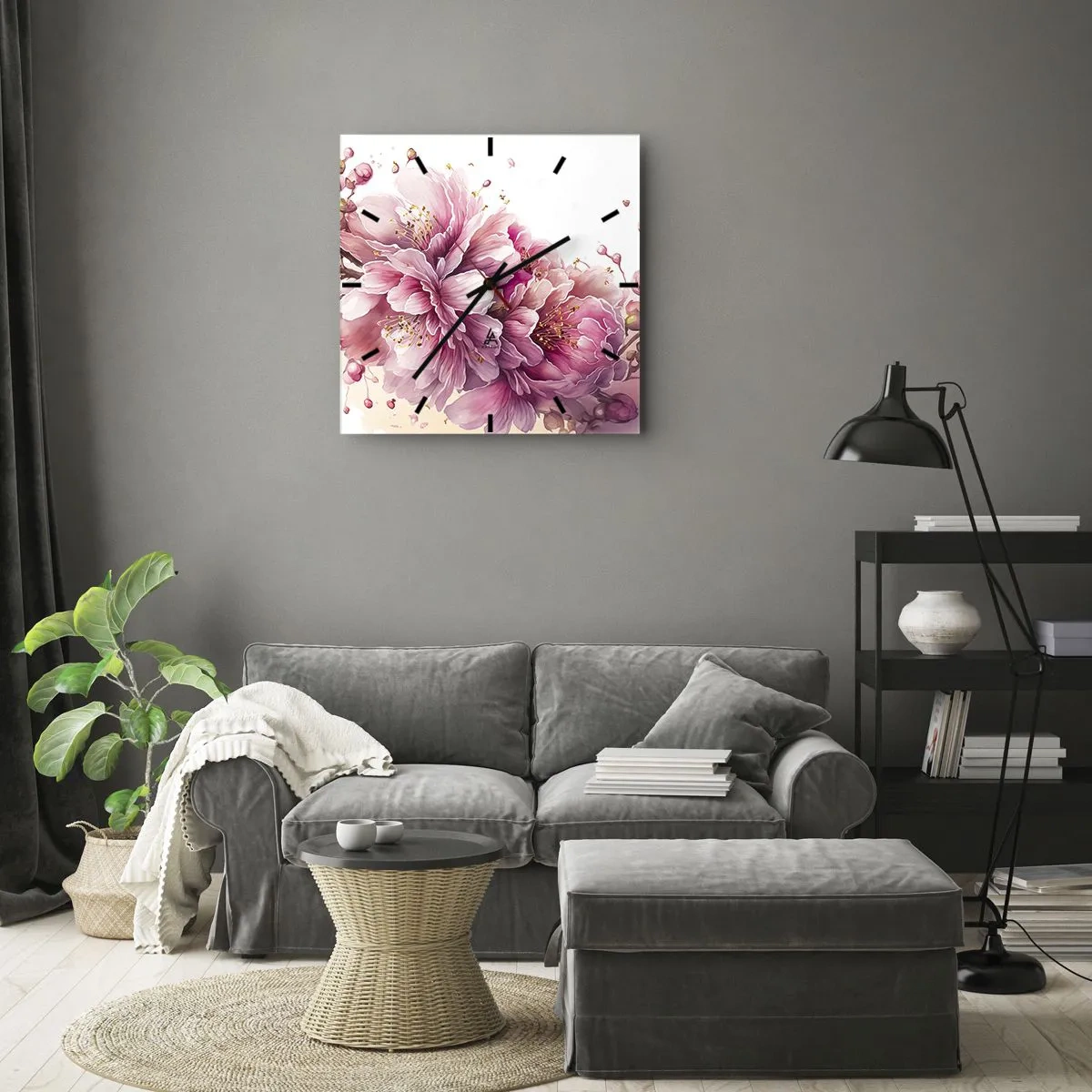Zegar ścienny - Delikatne kwiaty wiśni w pełnym rozkwicie na jasnym tle - 30x30cm - Kwiat kwitnącej wiśni - Nowoczesna dekoracja ścienna do salonu i sypialni ARTTOR