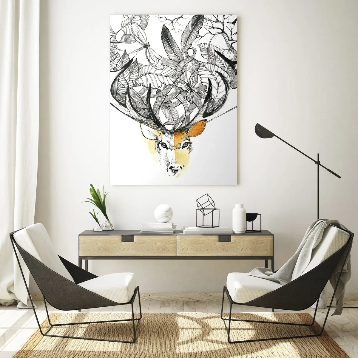 Obraz na szkle - Rysunek jelenia z fantazyjnymi porożami - 50x70cm - Rogi obfitości - Nowoczesna dekoracja ścienna do salonu, kuchni i sypialni ARTTOR