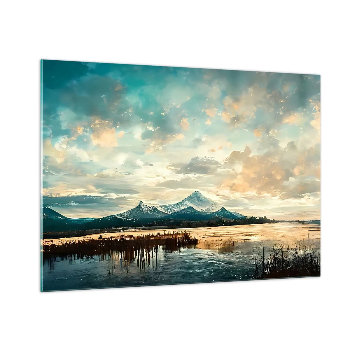 Obraz na szkle - Zimowy krajobraz z górami i zamarzniętym jeziorem - 100x70cm - Pod opieką nieba - Nowoczesna dekoracja ścienna do salonu, kuchni i sypialni ARTTOR
