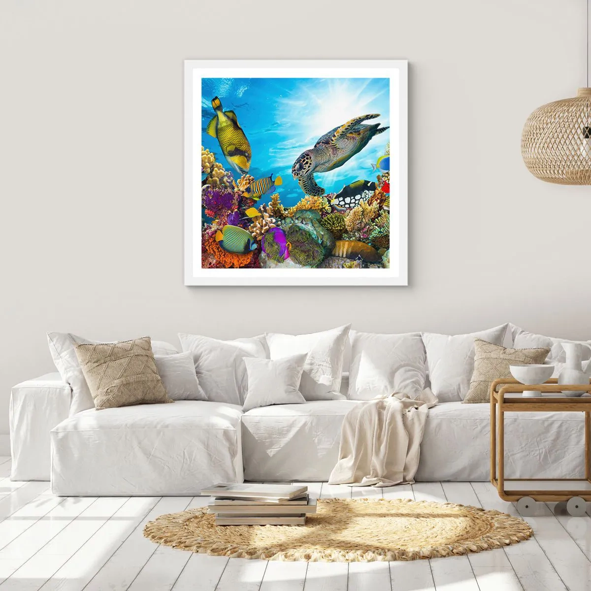 Plakat w białej ramie - Koralowa promenada - 30x30 cm