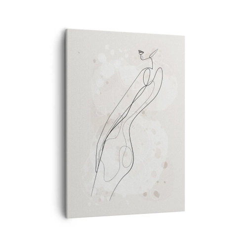 Obraz na płótnie - Minimalistyczna linia sylwetki kobiety na jasnym tle z abstrakcyjnymi elementami - 50x70cm - Pobłądzić spojrzeniem - Nowoczesna dekoracja ścienna do salonu, kuchni i sypialni ARTTOR