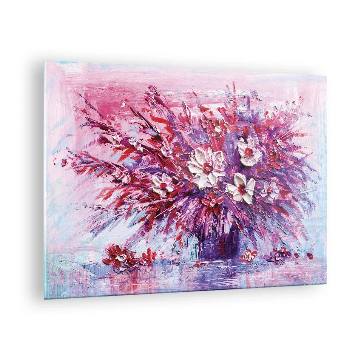 Obraz na szkle - Bukiet kwiatów w odcieniach różu i fioletu - 70x50cm - Niewinność i namiętność - Nowoczesna dekoracja ścienna do salonu i sypialni ARTTOR
