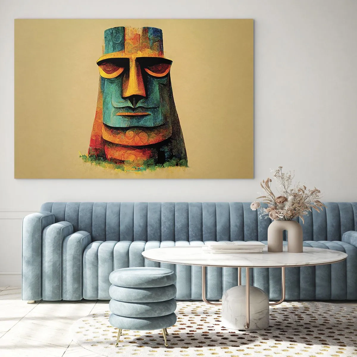 Obraz na szkle - Kolorowy portret inspirowany kamiennym posągiem na beżowym tle - 70x50cm - Posągowy, a sympatyczny - Nowoczesna dekoracja ścienna do salonu i sypialni ARTTOR