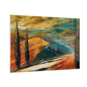 Obraz na szkle - Zachód słońca nad toskańskim wzgórzem - 100x70cm - Toskański pejzaż - Nowoczesna dekoracja ścienna do salonu, kuchni i sypialni ARTTOR