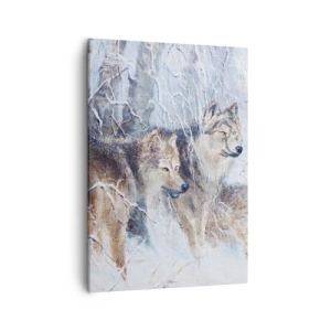 Obraz na płótnie - Dwa wilki w zimowym, ośnieżonym lesie - 50x70cm - Uwaga! Nadchodzi… - Nowoczesna dekoracja ścienna do salonu, kuchni i sypialni ARTTOR