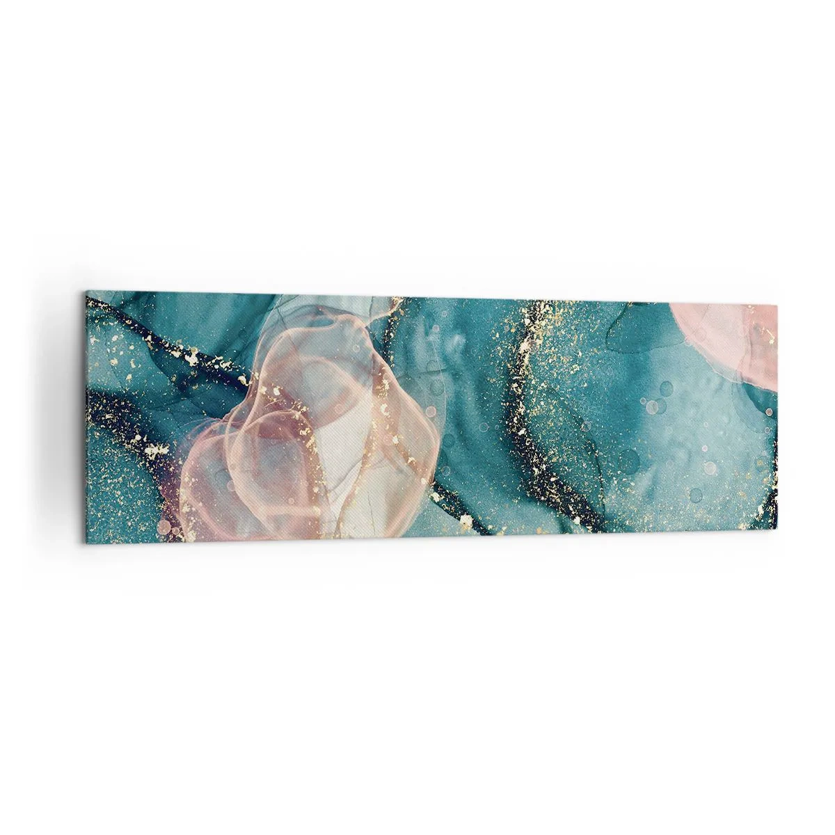 Obraz na płótnie - Abstrakcyjna kompozycja w odcieniach turkusu i złota - 160x50cm - Jedwabny błękit, tiulowy róż - Nowoczesna dekoracja ścienna do salonu i sypialni ARTTOR