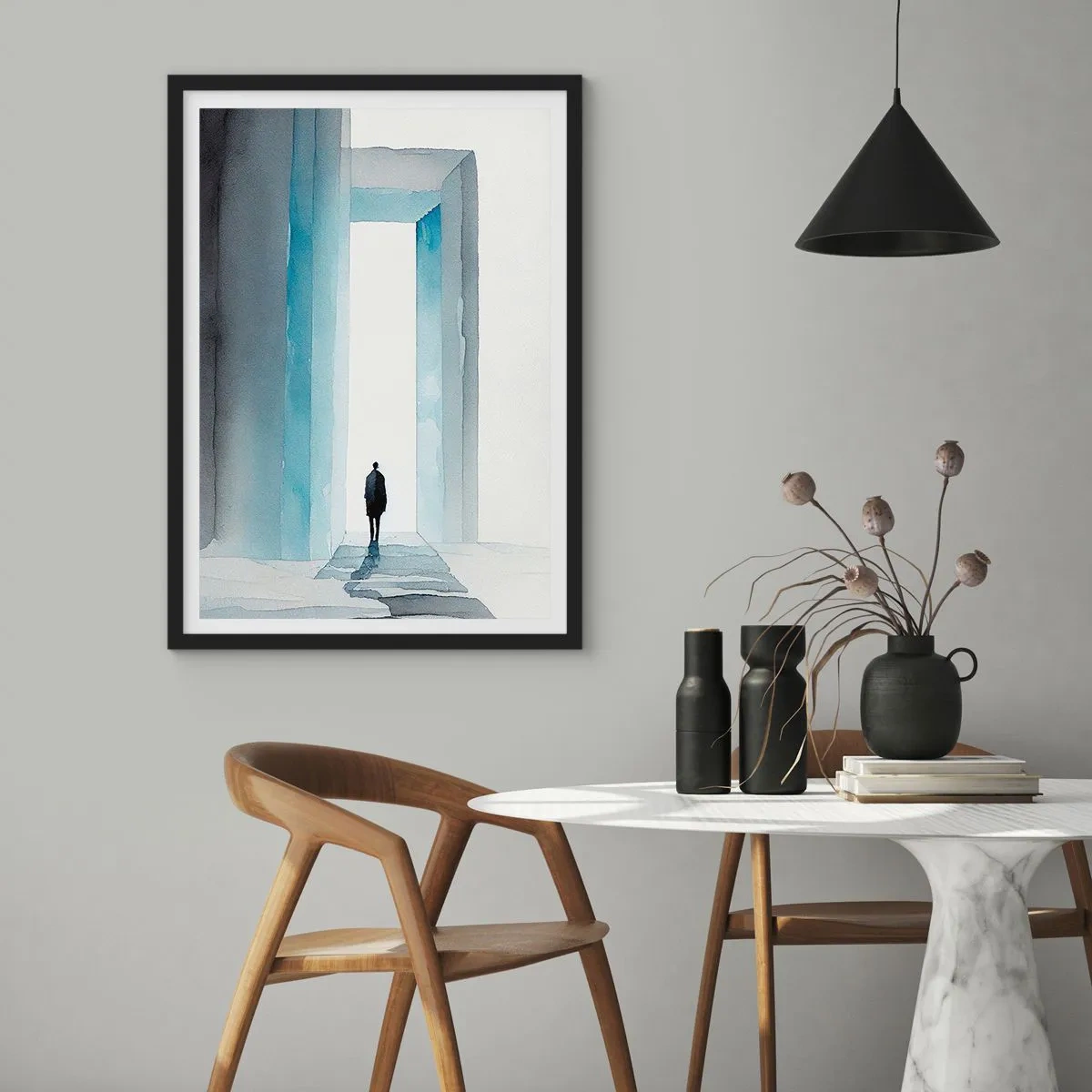 Plakat w czarnej ramie - Postać idąca przez niebieską bramę, symbolizująca wolność i bezgraniczne możliwości - 50x70cm - Żyj bez ograniczeń - Nowoczesna dekoracja ścienna do salonu i sypialni ARTTOR