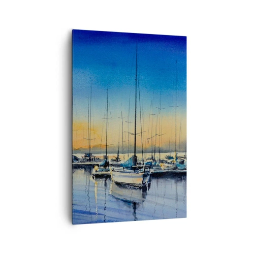 Obraz na płótnie - Port jachtowy o zachodzie słońca z odbiciami na wodzie - 80x120cm - Koniec dobrego dnia - Nowoczesna dekoracja ścienna do salonu i sypialni ARTTOR