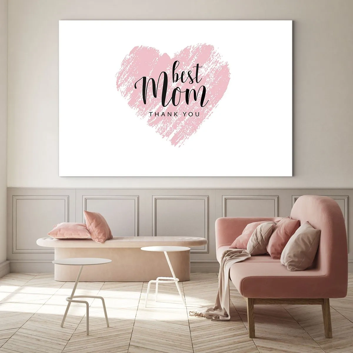 Obraz na szkle - Różowe serce z napisem Best Mom na białym tle - 70x50cm - Zawsze odpowiedni moment - Nowoczesna dekoracja ścienna do salonu i sypialni ARTTOR