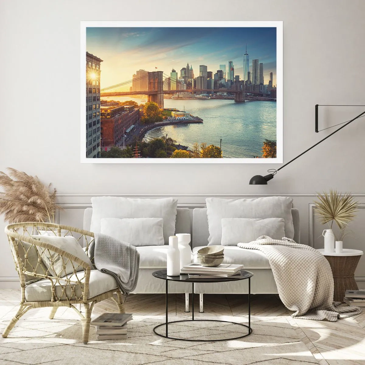 Plakat - Panorama miasta z mostem o zachodzie słońca - 100x70cm - Wielkomiejski świt - Nowoczesna dekoracja ścienna do salonu i sypialni ARTTOR