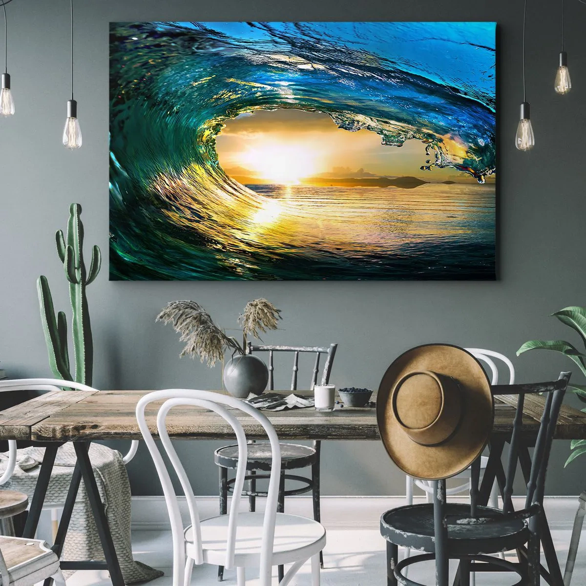 Obraz na płótnie - Fala oceaniczna w słońcu z widokiem na horyzont - 70x50cm - W szmaragdowo-złotym krysztale - Nowoczesna dekoracja ścienna do salonu i sypialni ARTTOR