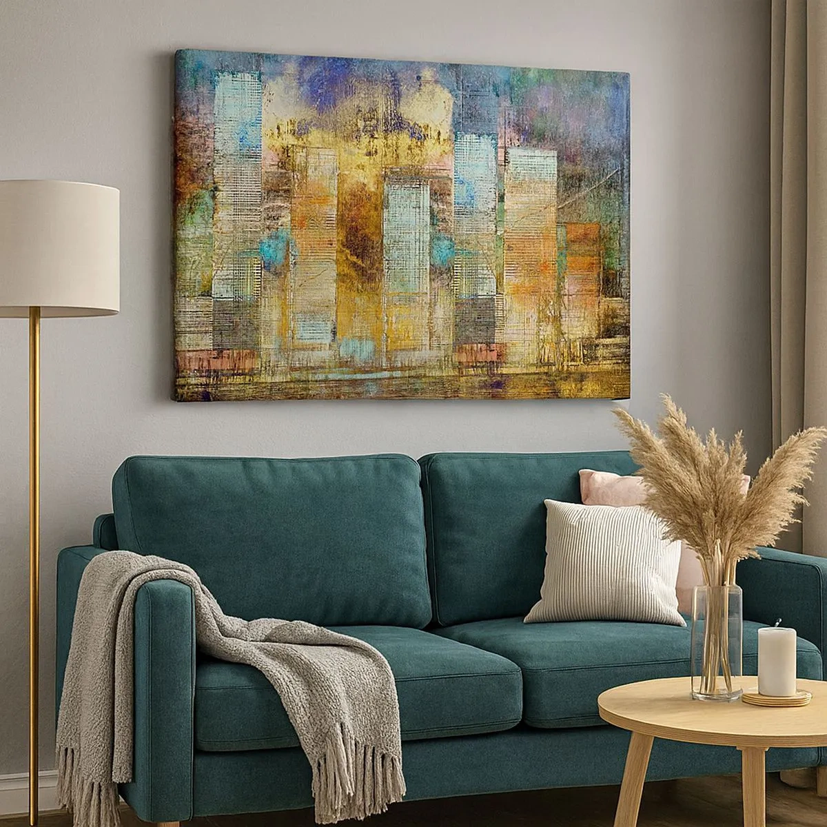 Obraz na płótnie - Abstrakcyjne wieżowce w industrialnej stylistyce - 70x50cm - Słoneczna metropolia - Nowoczesna dekoracja ścienna do salonu i sypialni ARTTOR