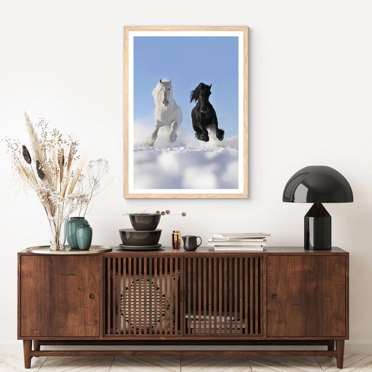 Plakat w ramie jasny dąb - Czarno-biały galop - 70x100 cm