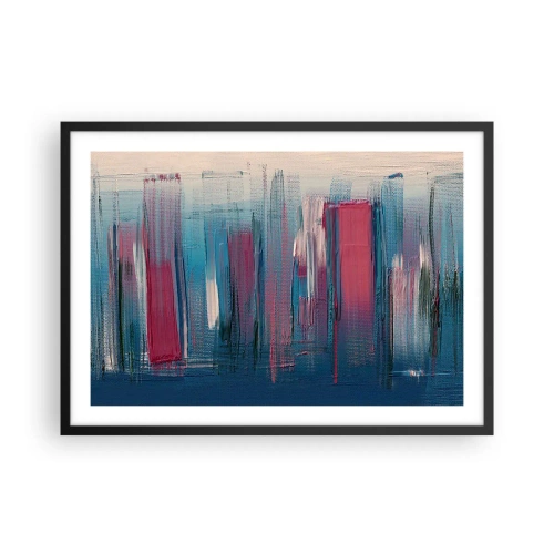 Plakat w czarnej ramie - Abstrakcyjne pionowe formy w odcieniach błękitu i czerwieni - 70x50cm - Kompozycja wertykalna w błękicie i czerwieni - Nowoczesna dekoracja ścienna do salonu i sypialni ARTTOR