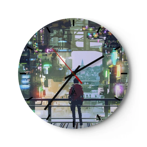 Zegar ścienny - Postać w futurystycznym mieście z neonami i panoramą w tle - 30x30cm - Dwa światy - Nowoczesna dekoracja ścienna do salonu, kuchni i sypialni ARTTOR