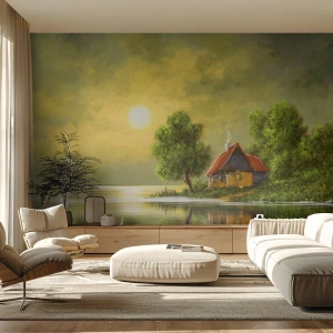Fototapeta Premium Sand - Domek nad jeziorem o zachodzie słońca - 100x70cm - Pięknie, jak z obrazka - Nowoczesna dekoracja ścienna do salonu, kuchni i sypialni ARTTOR