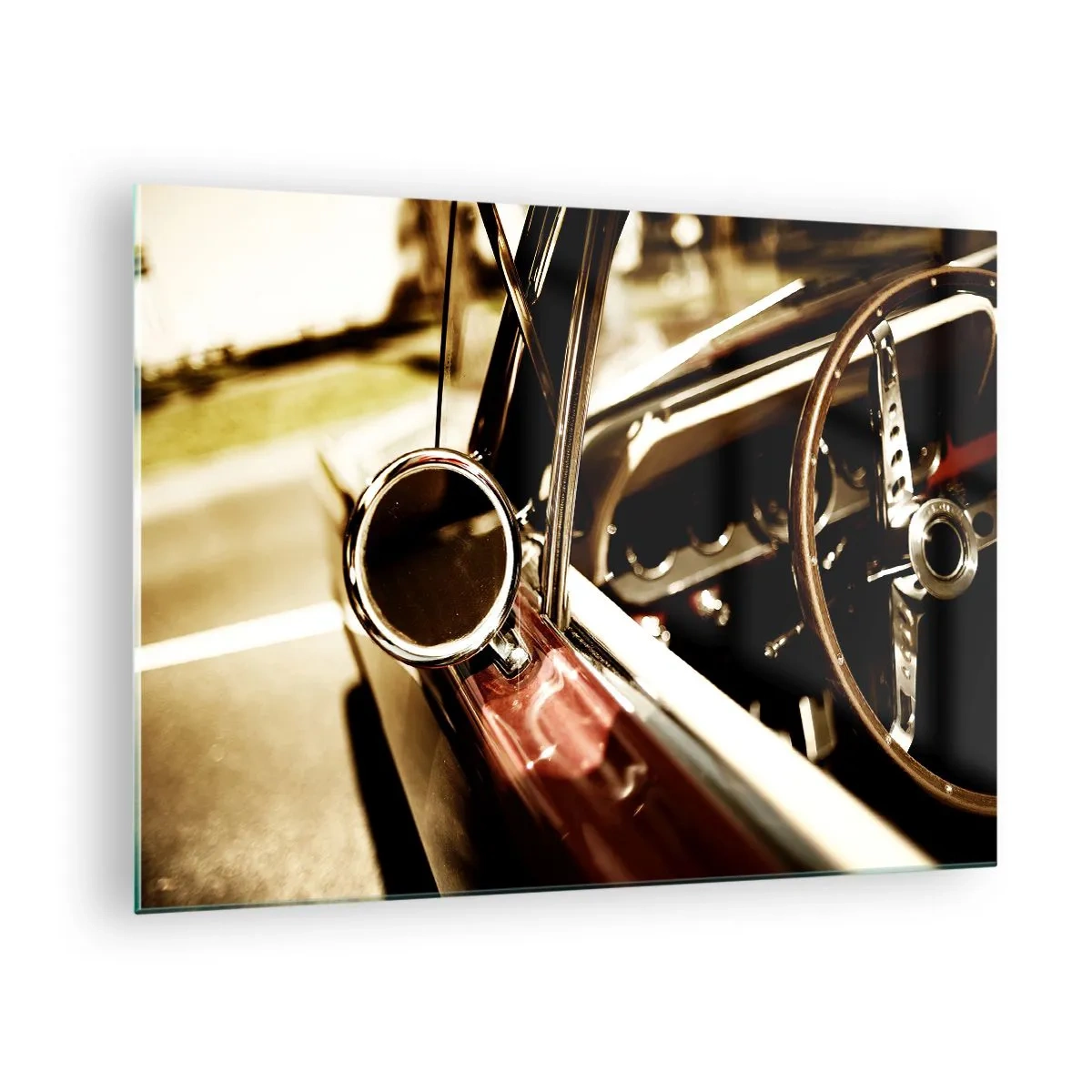 Obraz na szkle - Wnętrze klasycznego samochodu w stylu retro - 70x50cm - Auto z duszą - Nowoczesna dekoracja ścienna do salonu i sypialni ARTTOR