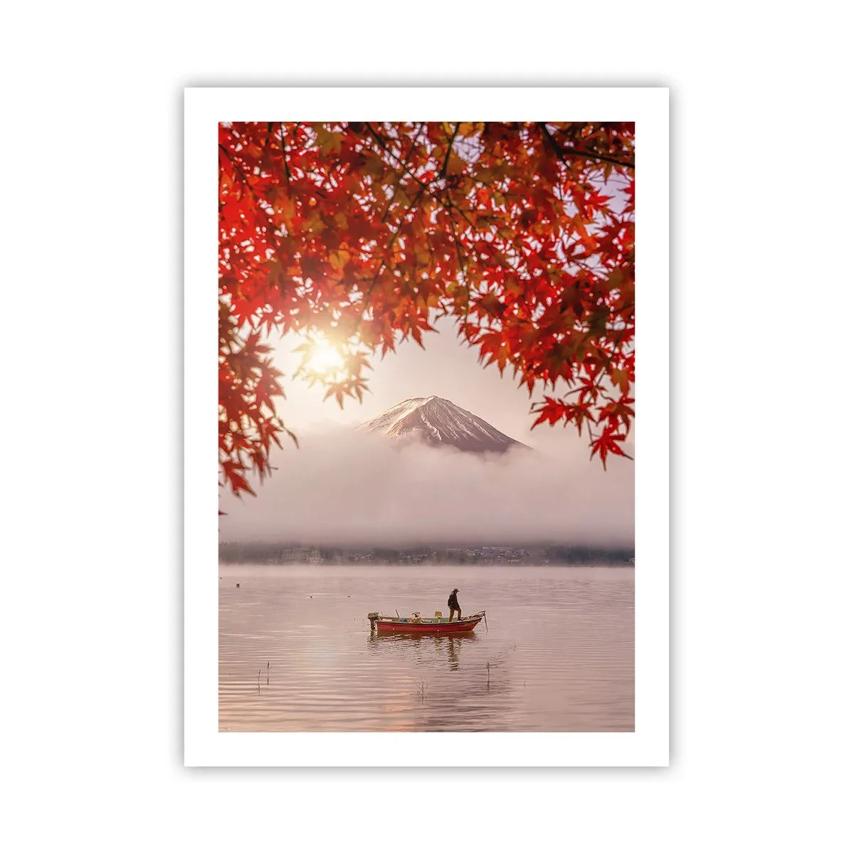 Plakat - Góra Fuji z łodzią na jeziorze i jesiennymi liśćmi - 50x70cm - W japońskim klimacie - Nowoczesna dekoracja ścienna do salonu, kuchni i sypialni ARTTOR