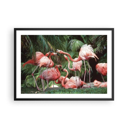 Plakat w czarnej ramie - Grupa flamingów w tropikalnym otoczeniu palm - 70x50cm - Popołudniowe ploteczki - Nowoczesna dekoracja ścienna do salonu i sypialni ARTTOR