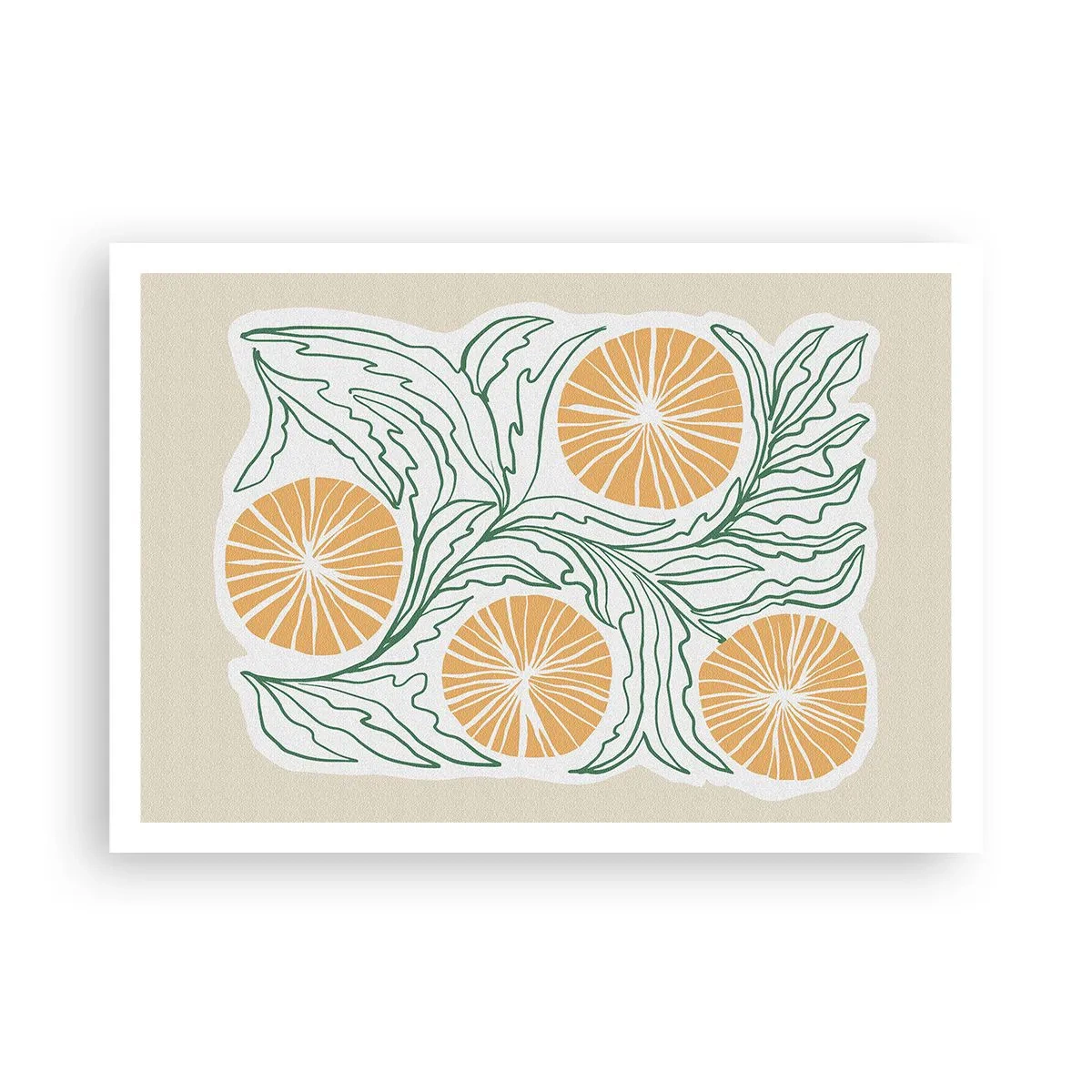 Plakat - Minimalistyczny motyw pomarańczy z zielonymi liśćmi - 100x70cm - Etnicznie z nutą abstrakcji - Nowoczesna dekoracja ścienna do salonu i sypialni ARTTOR