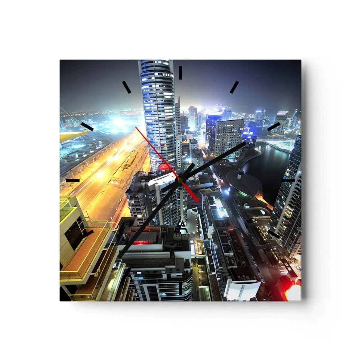 Zegar ścienny - Panorama nocnego miasta z oświetlonymi drapaczami chmur - 30x30cm - Cud na pustyni - Nowoczesna dekoracja ścienna do salonu i sypialni ARTTOR