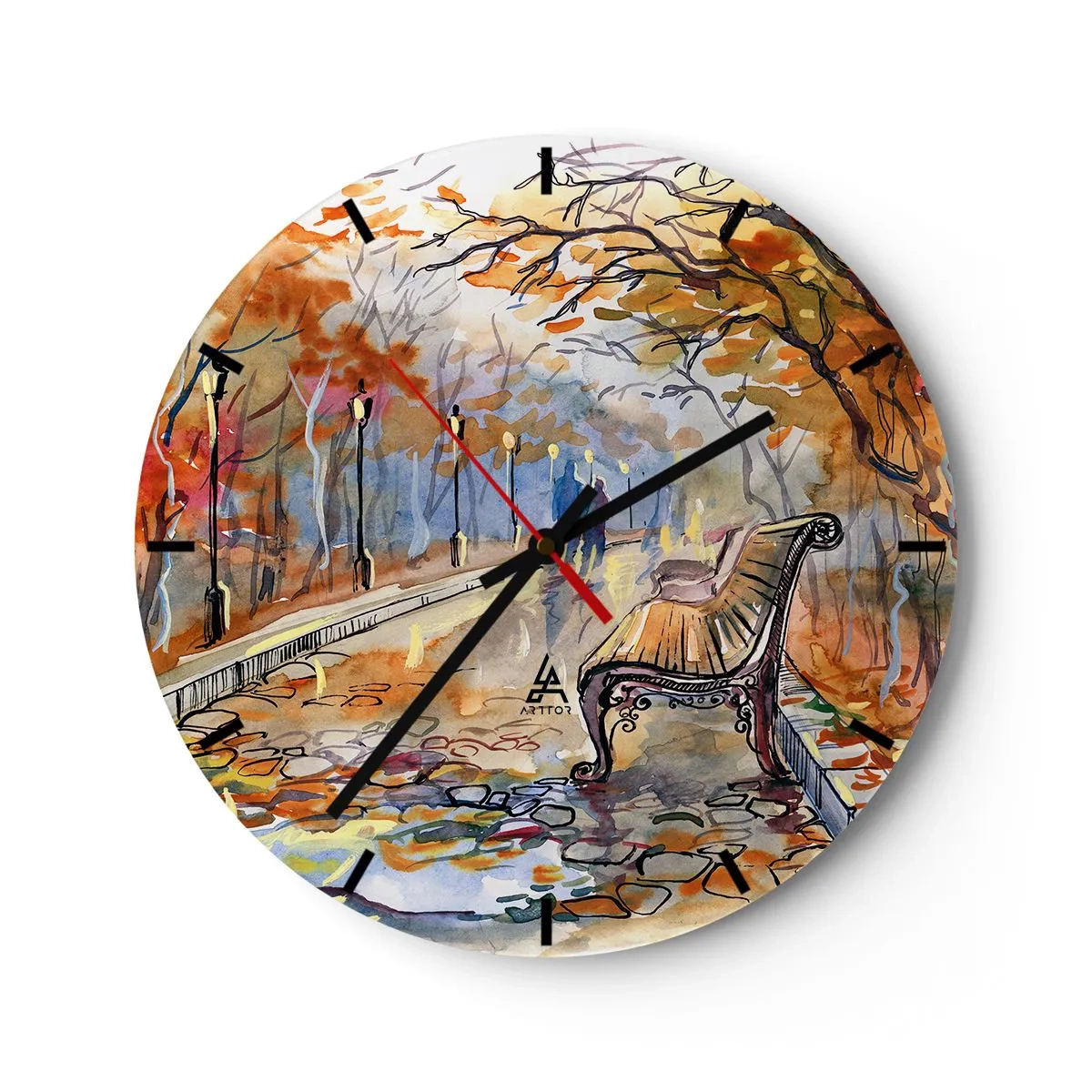 Zegar ścienny - Jesienny park z ławką w akwarelowym stylu - 30x30cm - Razem powędrować w jesień - Nowoczesna dekoracja ścienna do salonu, kuchni i sypialni ARTTOR