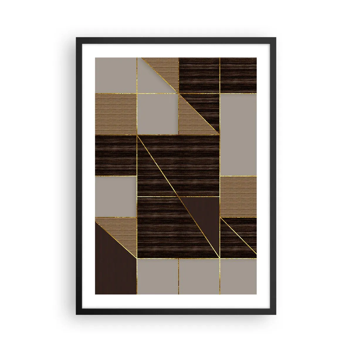 Plakat w czarnej ramie - Geometryczna kompozycja w brązowych i złotych odcieniach - 50x70cm - Mozaika brązów i złota - Nowoczesna dekoracja ścienna do salonu i sypialni ARTTOR