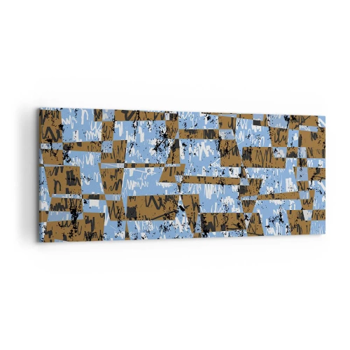 Obraz na płótnie - Abstrakcyjna kompozycja z prostokątów w odcieniach brązu i niebieskiego - 120x50cm - Nieludowa wycinanka - Nowoczesna dekoracja ścienna do salonu i sypialni ARTTOR