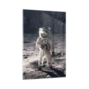 Obraz na szkle - Astronauta na powierzchni Księżyca z Ziemią w tle - 80x120cm - Pozdrowienia z Księżyca - Nowoczesna dekoracja ścienna do salonu i sypialni ARTTOR