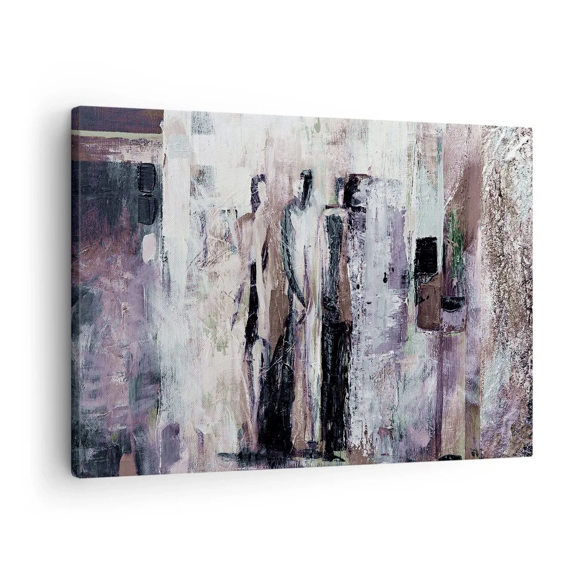 Obraz na płótnie - Abstrakcyjna kompozycja z trzema postaciami w pastelowych barwach - 70x50cm - Tajemnicza trójka - Nowoczesna dekoracja ścienna do salonu i sypialni ARTTOR