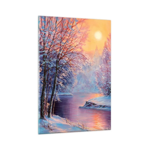 Obraz na szkle - Zimowy krajobraz z rzeką i drzewami o wschodzie słońca - 80x120cm - Barwy zimy - Nowoczesna dekoracja ścienna do salonu i sypialni ARTTOR