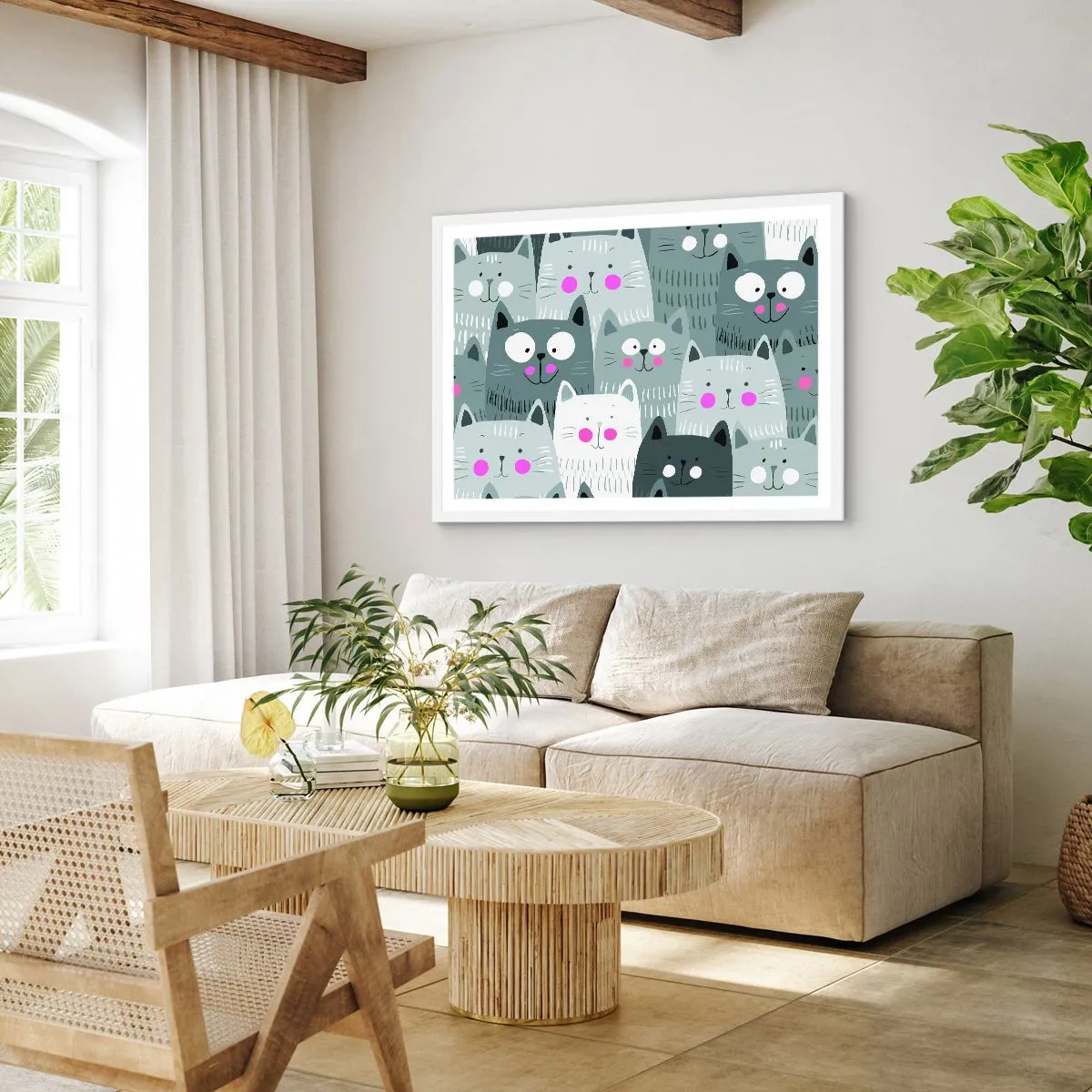 Plakat w białej ramie - Koci świat - 100x70 cm