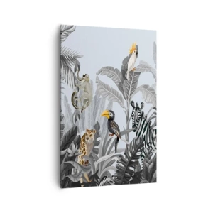 Obraz na płótnie - Tropikalna dżungla z egzotycznymi zwierzętami na szarym tle - 80x120cm - Afrykańska bajka - Nowoczesna dekoracja ścienna do salonu i sypialni ARTTOR