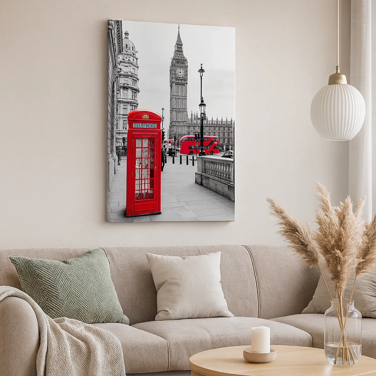 Obraz na płótnie - Czerwona budka telefoniczna i Big Ben w Londynie - 50x70cm - Bez wątpienia Londyn - Nowoczesna dekoracja ścienna do salonu, kuchni i sypialni ARTTOR