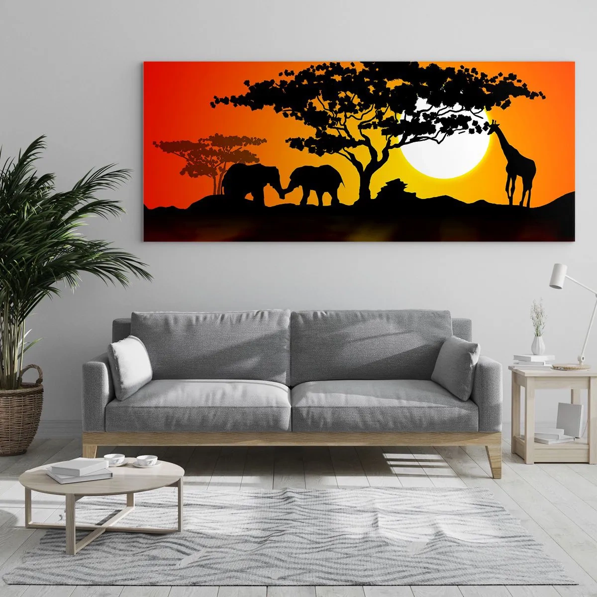 Obraz na szkle - Afrykański zachód słońca z sylwetkami słoni i żyrafy nad wodą - 140x50cm - Spotkanie na sawannie - Nowoczesna dekoracja ścienna do salonu i sypialni ARTTOR
