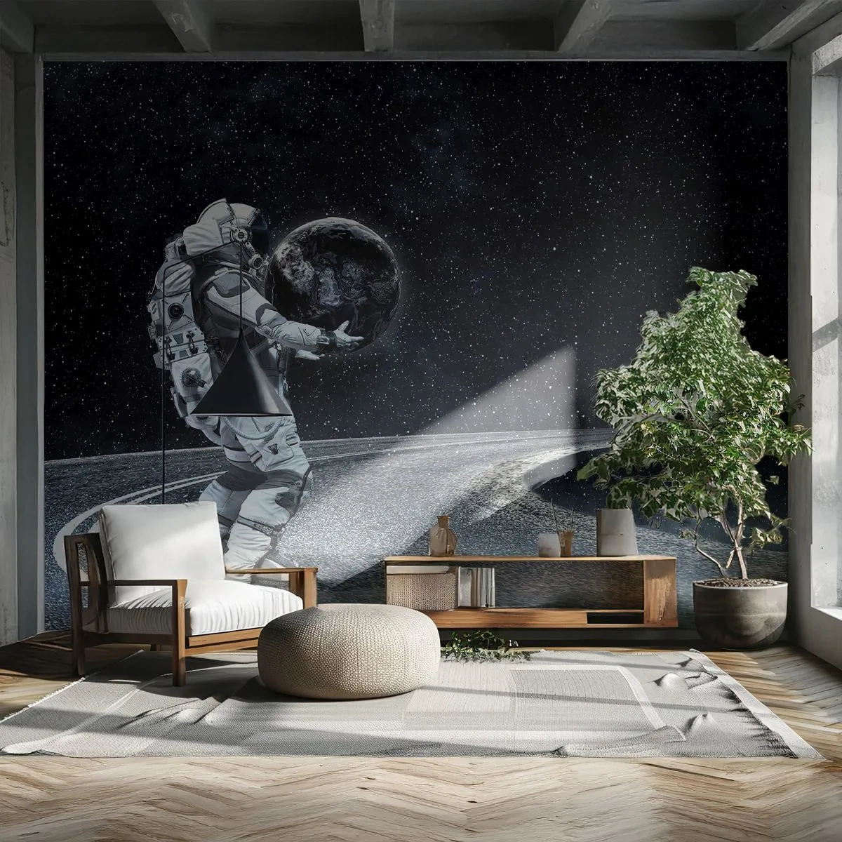 Fototapeta Premium Sand - Astronauta niosący Ziemię na drodze wśród gwiazd - 100x70cm - Na Mlecznej Drodze - Nowoczesna dekoracja ścienna do salonu, kuchni i sypialni ARTTOR