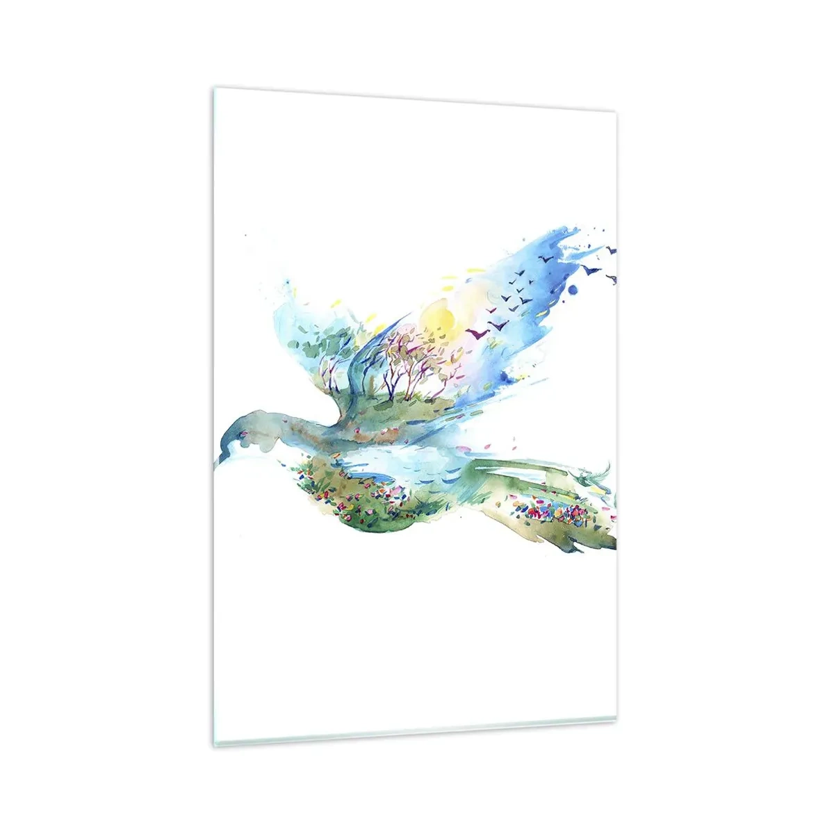 Obraz na szkle - Akwarelowa kompozycja ptaka z elementami natury - 80x120cm - Na skrzydłach natury - Nowoczesna dekoracja ścienna do salonu i sypialni ARTTOR