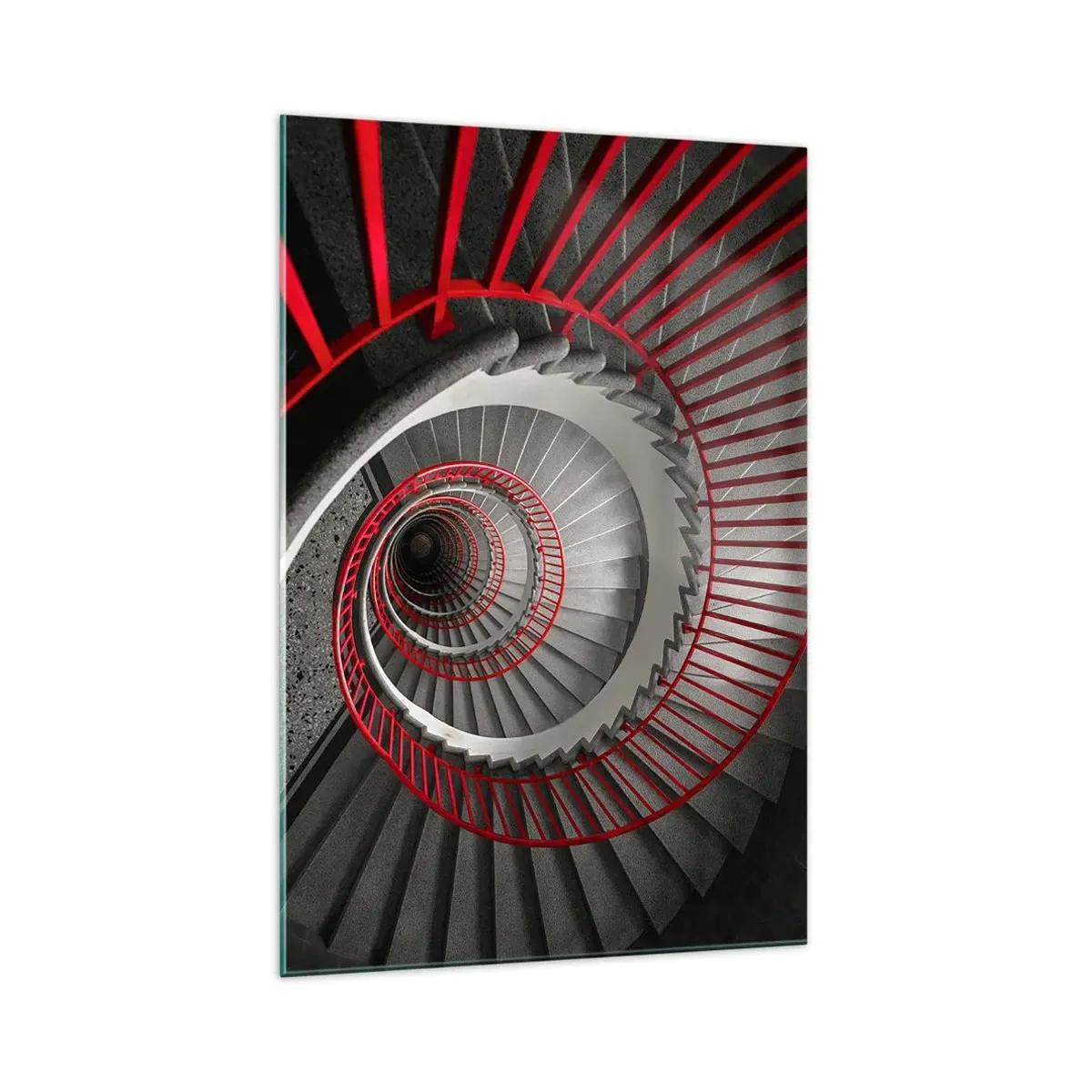 Obraz na szkle - Spiralne schody z czerwonymi poręczami w dynamicznej perspektywie - 70x100cm - Zabawy architektury - Nowoczesna dekoracja ścienna do salonu i sypialni ARTTOR