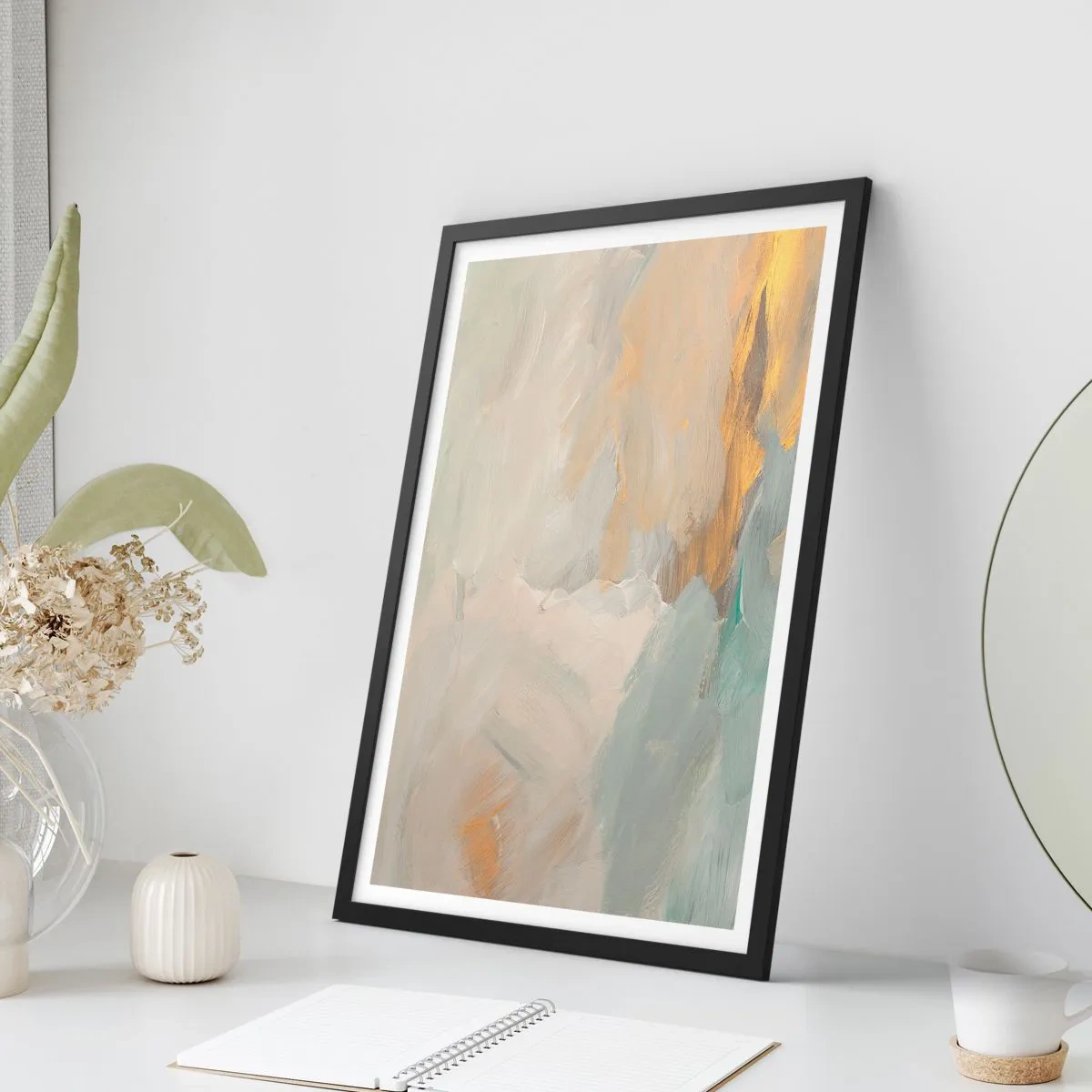 Plakat w czarnej ramie - Abstrakcyjna malarska kompozycja w pastelowych odcieniach - 50x70cm - Abstrakcja – kraina łagodności - Nowoczesna dekoracja ścienna do salonu i sypialni ARTTOR