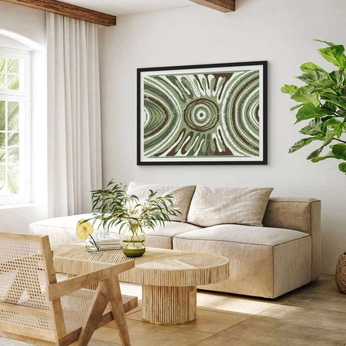 Plakat w czarnej ramie - Abstrakcyjne wzory w odcieniach zieleni i brązu - 70x50cm - Eksplozja emocji - Nowoczesna dekoracja ścienna do salonu i sypialni ARTTOR