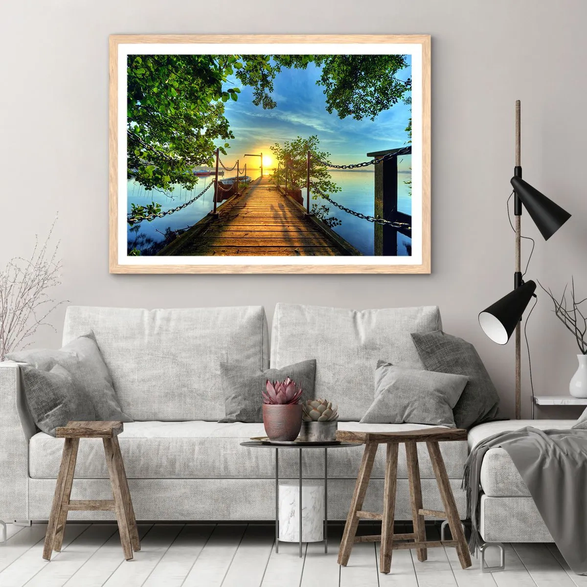 Plakat w ramie jasny dąb - Zachód nad wodą - 70x50 cm