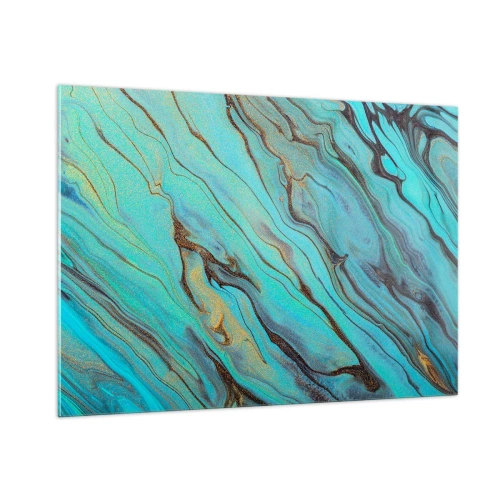 Obraz na szkle - Abstrakcyjne smugi w turkusowej i złotej kolorystyce - 100x70cm - Turkusowy przypływ - Nowoczesna dekoracja ścienna do salonu, kuchni i sypialni ARTTOR