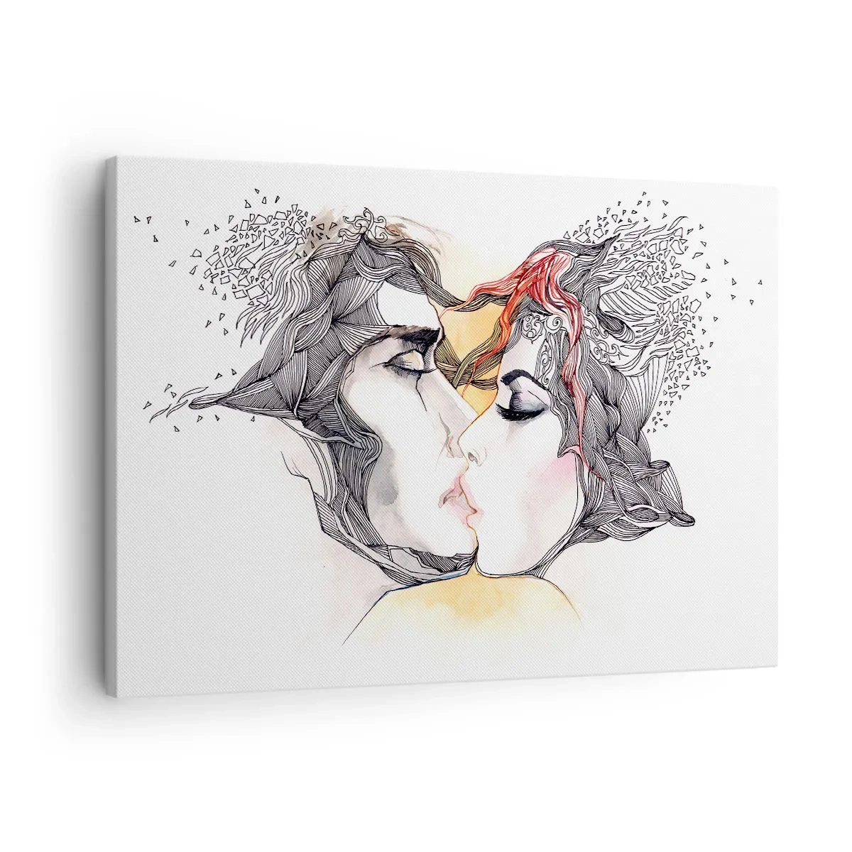 Obraz na płótnie - Artystyczny portret pary z abstrakcyjnymi motywami włosów - 70x50cm - Świat nie istnieje - Nowoczesna dekoracja ścienna do salonu i sypialni ARTTOR
