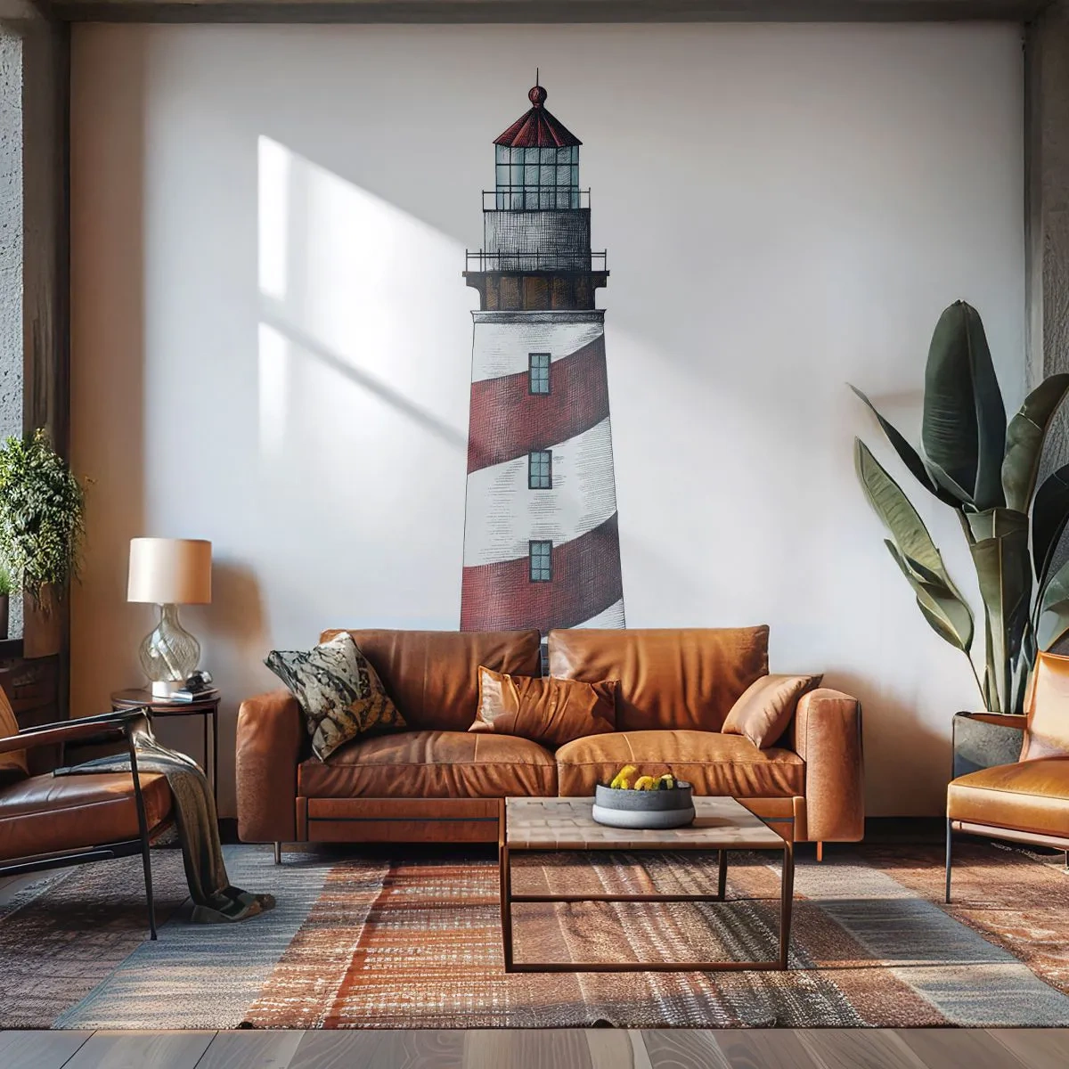 Fototapeta Premium Canvas - Rysunkowy obraz latarni morskiej z czerwono-białymi pasami na minimalistycznym tle - 100x70cm - Zawsze na straży - Nowoczesna dekoracja ścienna do salonu i sypialni ARTTOR