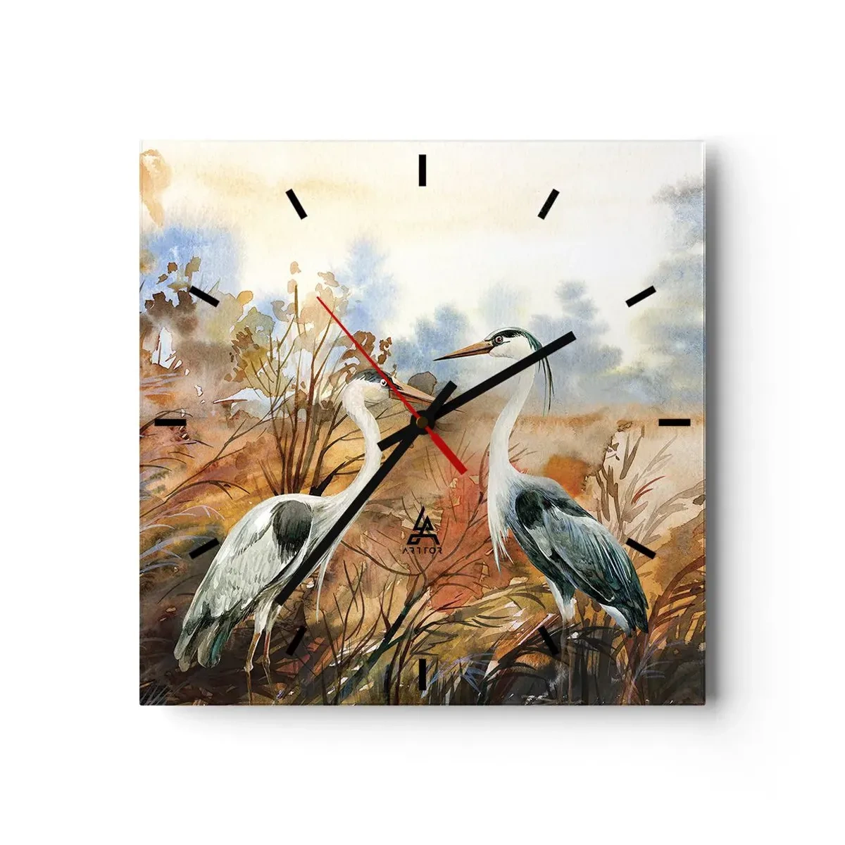 Zegar ścienny - Dwie czaple na tle jesiennego pejzażu - 30x30cm - Dokąd jesienią? - Nowoczesna dekoracja ścienna do salonu i sypialni ARTTOR