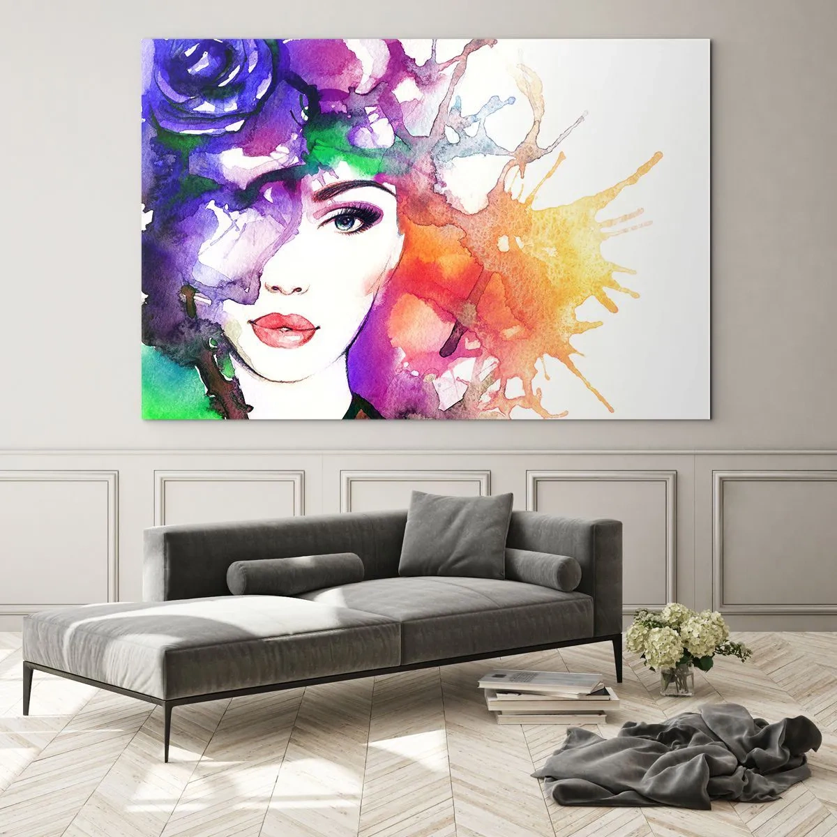 Obraz na szkle - Kobieta z rozmytym, kolorowym tłem w stylu akwarelowym - 120x80cm - Z głową w chmurach - Nowoczesna dekoracja ścienna do salonu, kuchni i sypialni ARTTOR