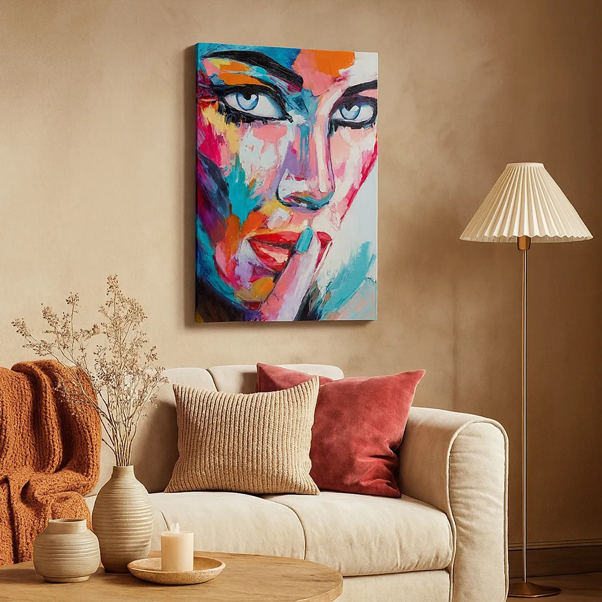 Obraz na płótnie - Kolorowy portret kobiety z intensywnymi detalami - 50x70cm - Nasza pierwsza tajemnica - Nowoczesna dekoracja ścienna do salonu, kuchni i sypialni ARTTOR