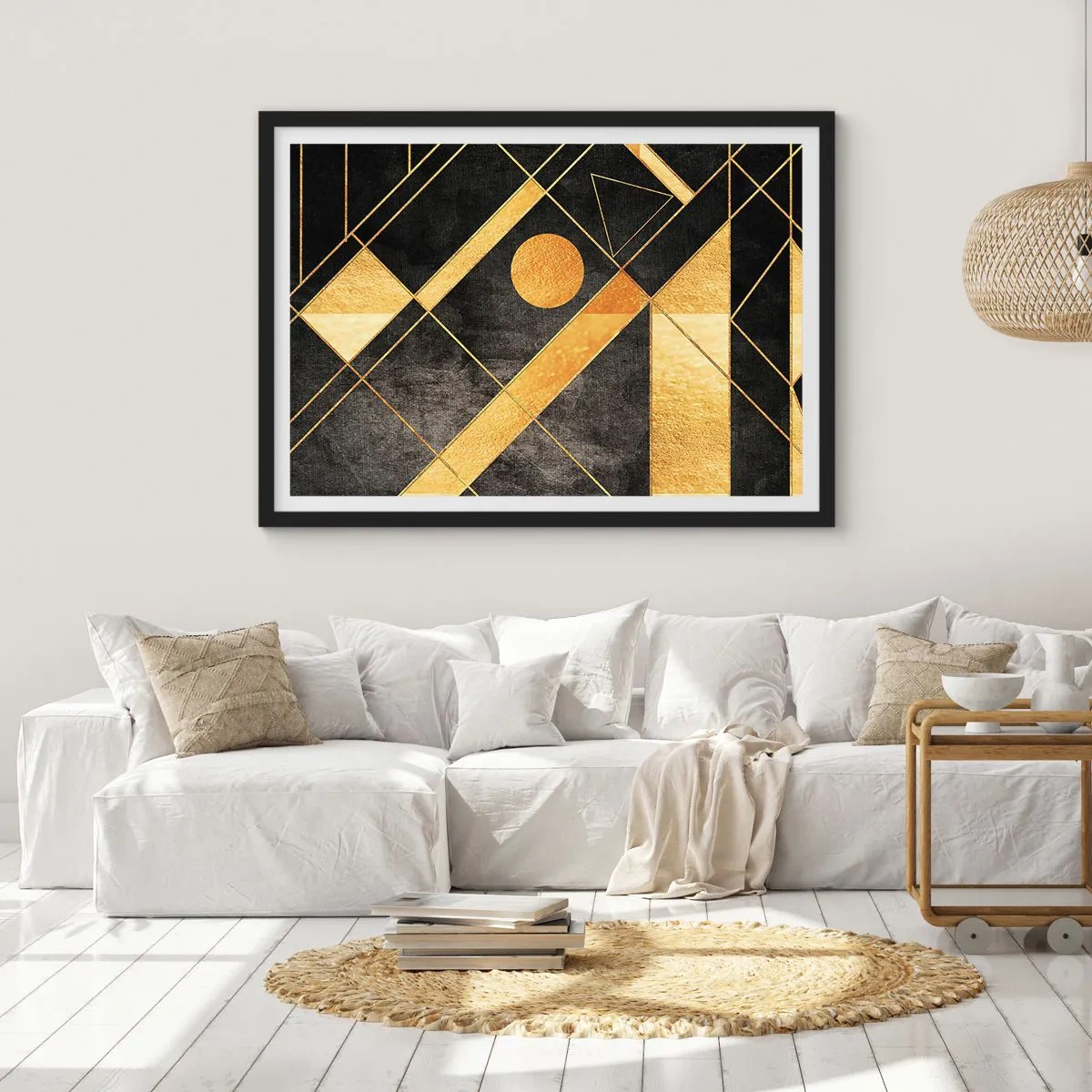 Plakat w czarnej ramie - Geometryczne kształty w złotych i czarnych tonacjach - 100x70cm - Słońce pustyni - Nowoczesna dekoracja ścienna do salonu i sypialni ARTTOR