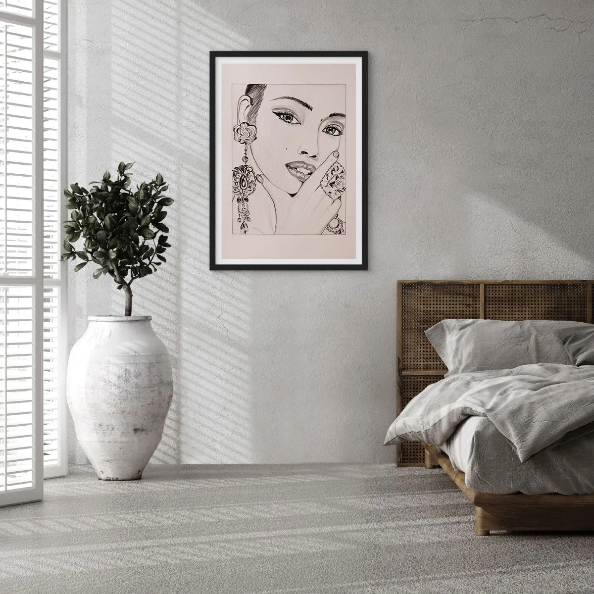 Plakat w czarnej ramie - Szkic kobiety z biżuterią w stylu glamour - 50x70cm - Najpiękniejszy klejnot - Nowoczesna dekoracja ścienna do salonu i sypialni ARTTOR