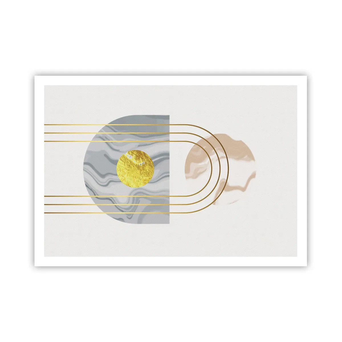 Plakat - Abstrakcyjna kompozycja z okręgami i złotymi liniami na jasnym tle - 100x70cm - Jasność i blask - Nowoczesna dekoracja ścienna do salonu i sypialni ARTTOR